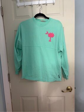 Womens Mint Green Long-Sleeve Top with Pink Palm Graphic